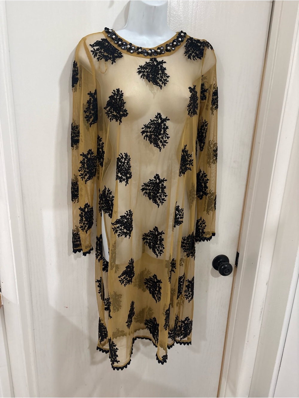 Zara Sheer whismigoth Gold Mesh Dress with Black Embroidered Motifs